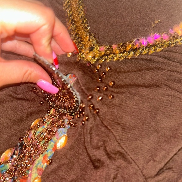 Vintage Brown Sequin Beaded Adorned Embellishments Top with Mesh Paisley Sleeves - Picture 7 of 8